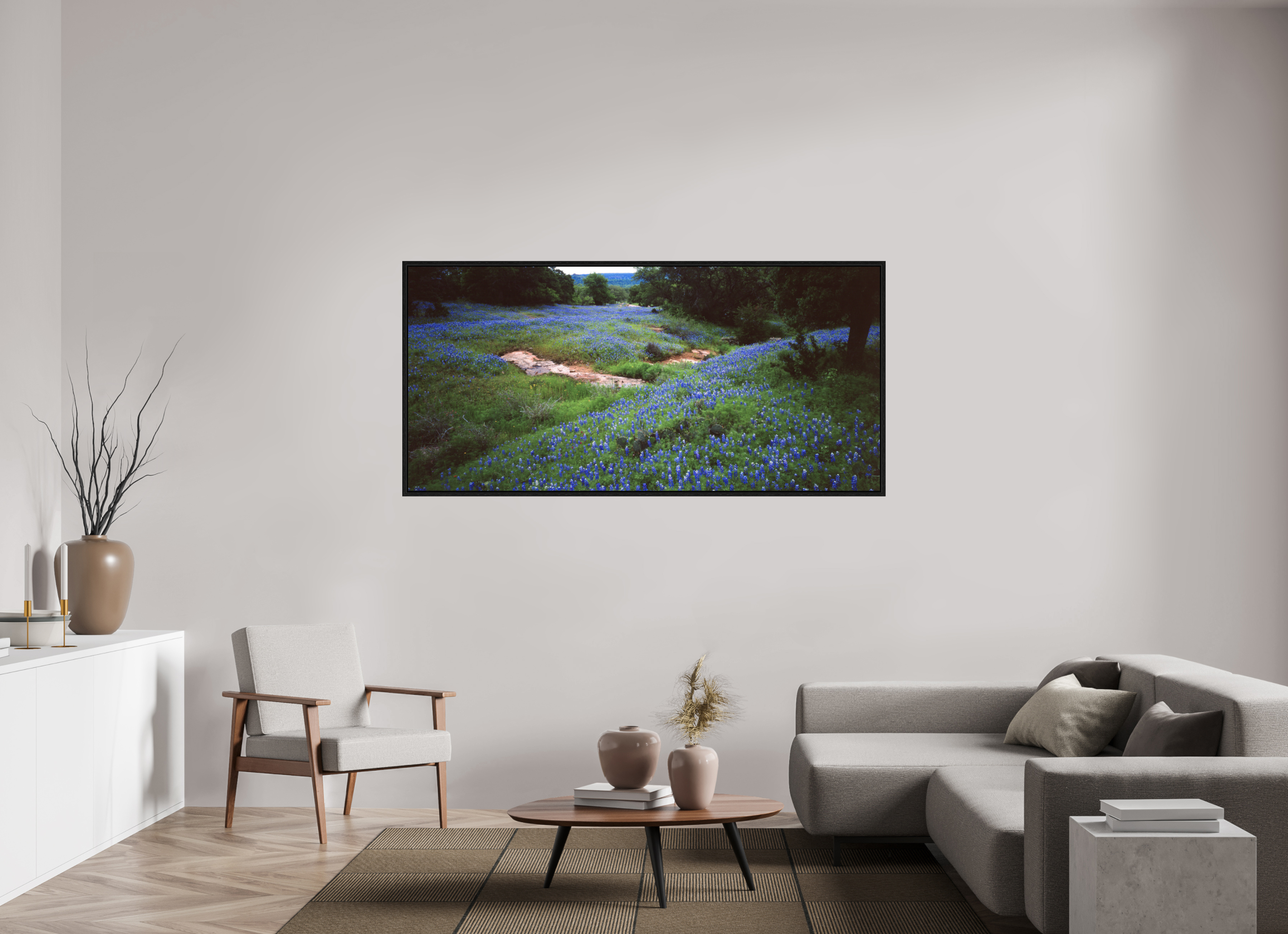 73.7 x 35″, Floater Frame Bluebonnet Field